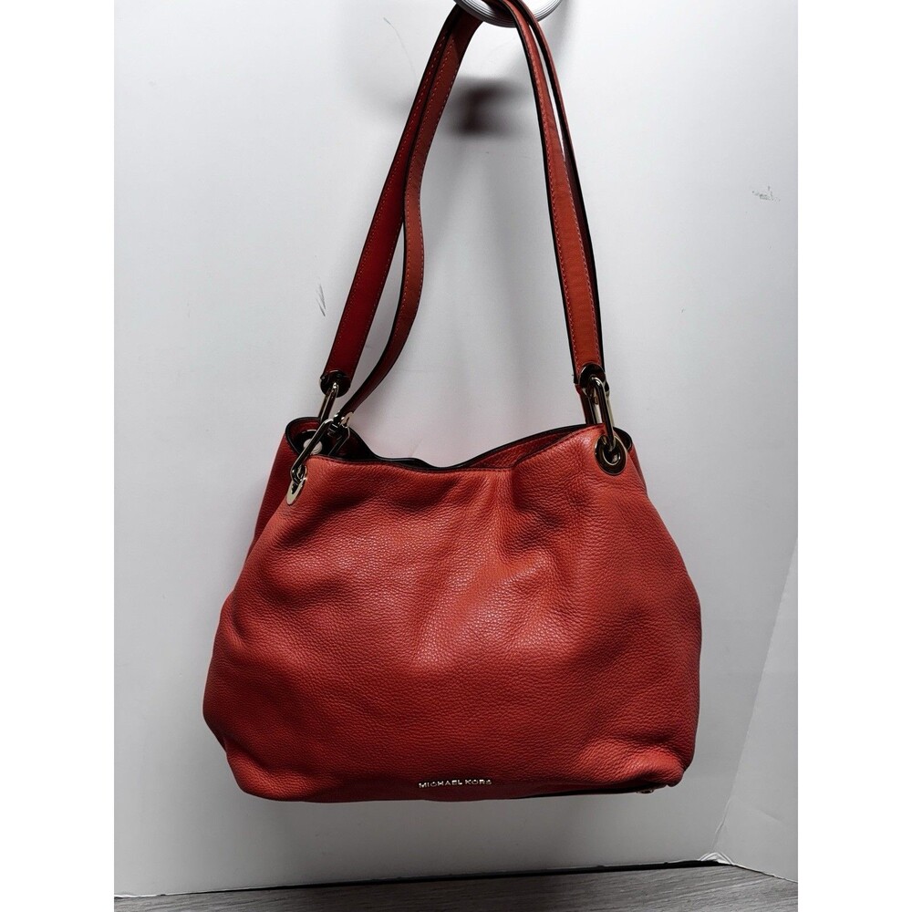 Michael Kors Orange Red Pebbled Leather Shoulder Hobo Bag Gold Tone Hardware